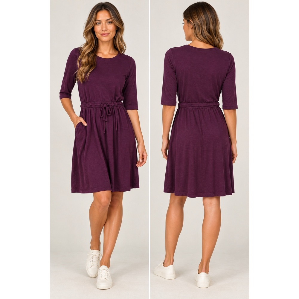 Pact Relaxed Tie Waist Dress 100% Organic Cotton Purple Pockets Womens Small